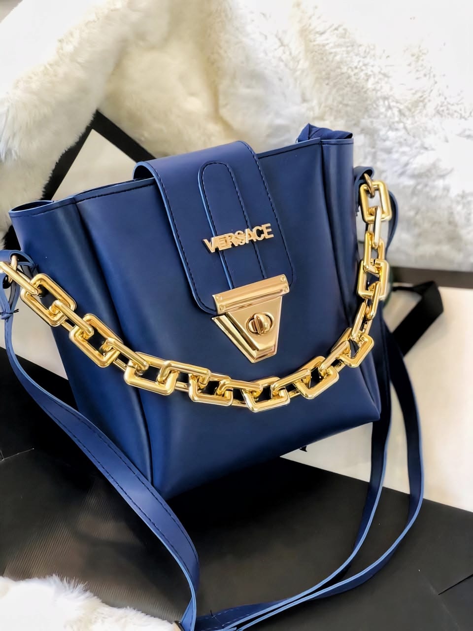 Elegant Blue Top Handle Bag with Gold Chain & Versace-Style Detail