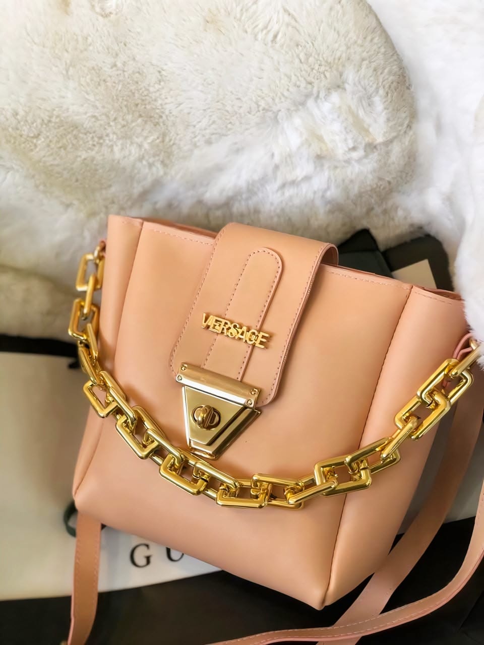 Elegant Blue Top Handle Bag with Gold Chain & Versace-Style Detail