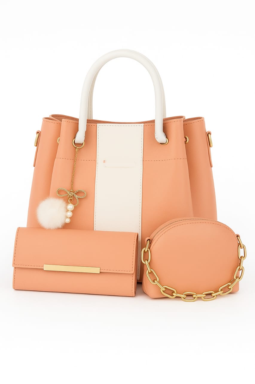 Elegant 3-Piece Handbag Set with White Stripe & Charm