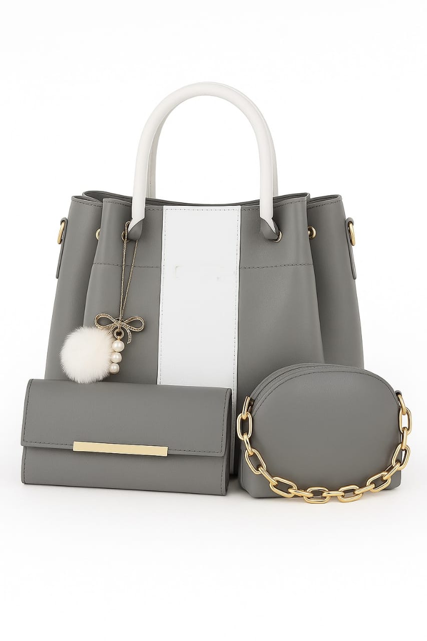 Elegant 3-Piece Handbag Set with White Stripe & Charm